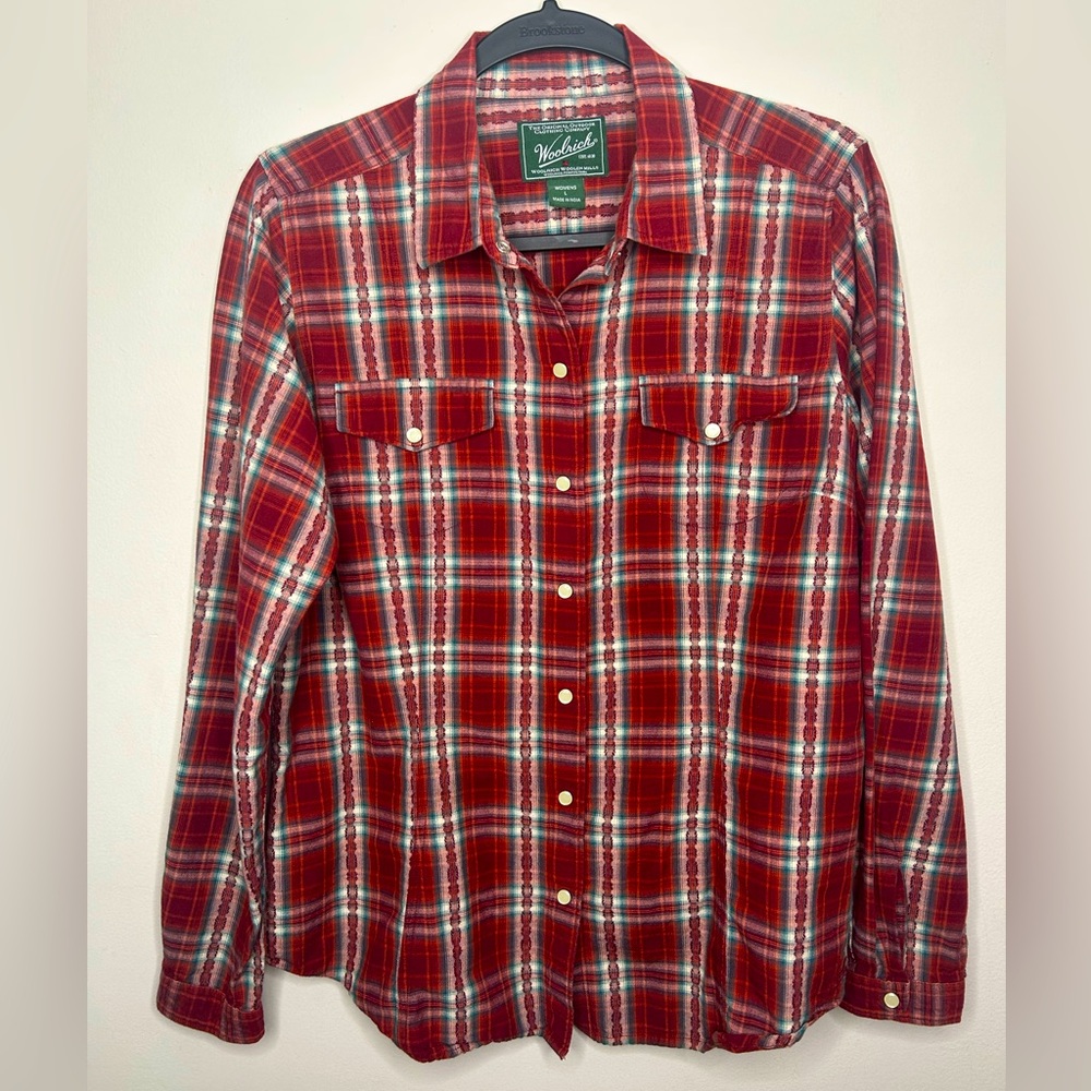 Woolrich Plaid Western Flannel Women's Pearl Snap Red Long Sleeve Shirt Large